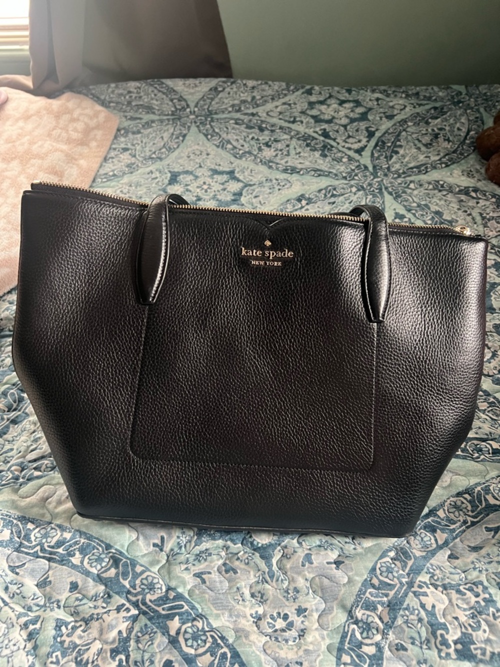 kate spade Black Pebbled Leather Zip-Top Tote with Gold Logo Accent